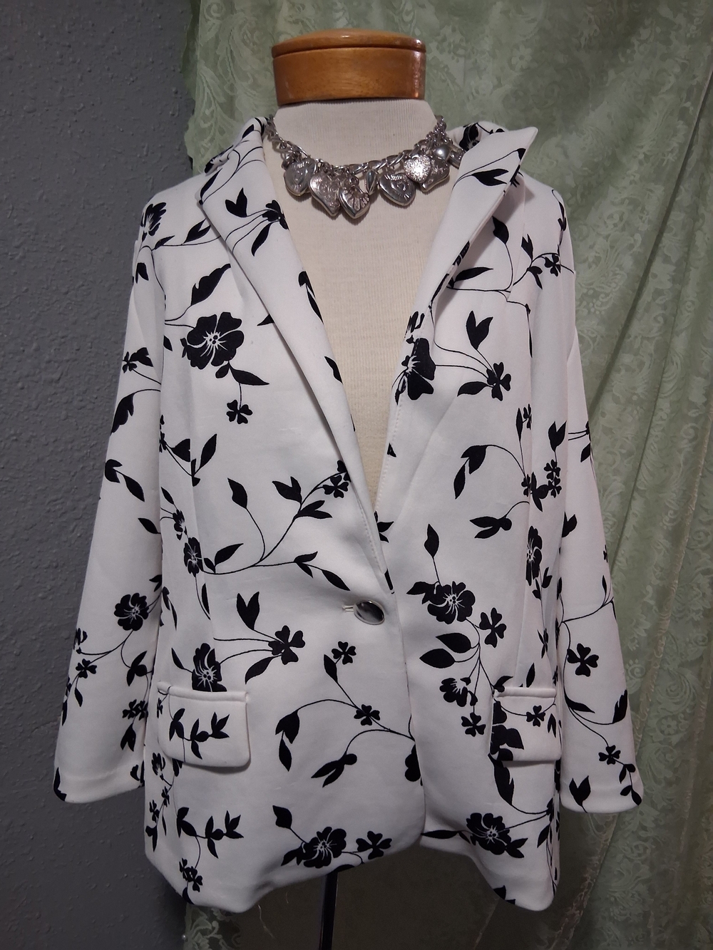 White Floral Print Blazer Jacket with Black Pattern